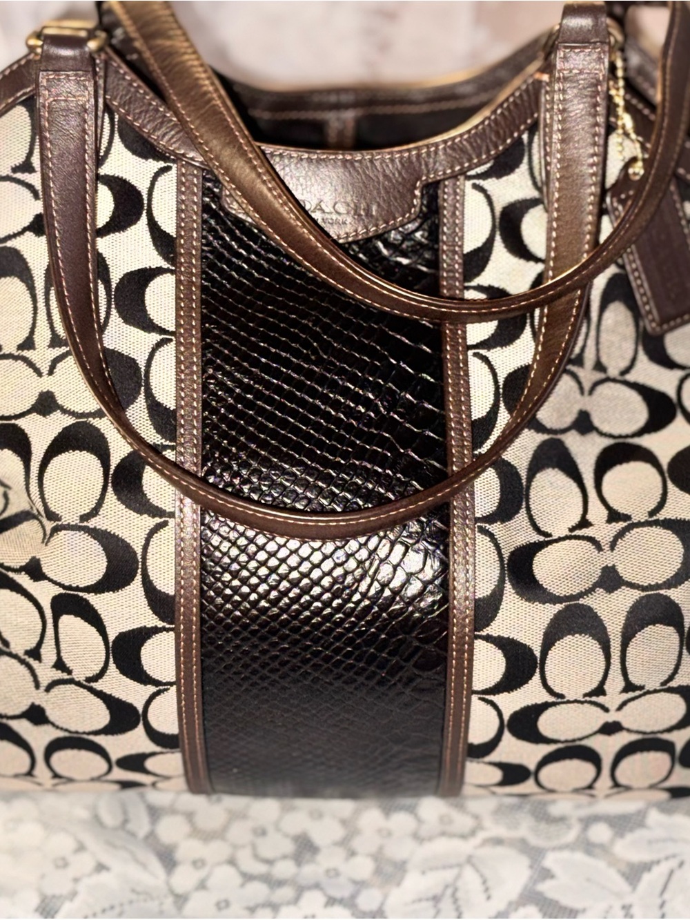 YTK Coach Devin Signature Tote with Brown Leather Trim XL